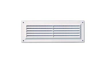 GRILLE VENTILATION A PERSIENNES RECTANGULAIRE AVEC MOUSTIQUAIRE EN APPLIQUE - PLASTIQUE BLANC