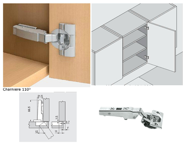 CHARNIERE INVISIBLE D'ANGLE EN APPLIQUE + 45° II - ANGLE D'OUVERTURE: 110°