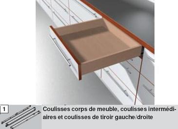 COULISSE DE TIROIR BLUM A GALETS - SORTIE TOTALE - CHARGE 30 KG