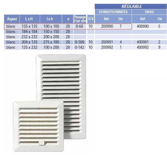 Grille plastique encastrée réglable 224x119 mm